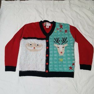 Merry Christmas Sweater Size XL Fuzzy Santa Google Eyes w Reindeer  Pullover
